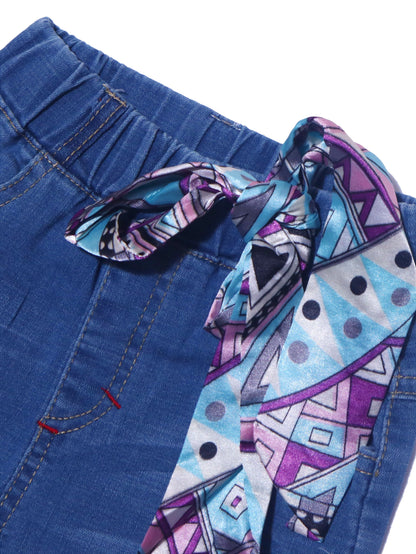 Playful Jeans with Patterned Sash for Baby Girls